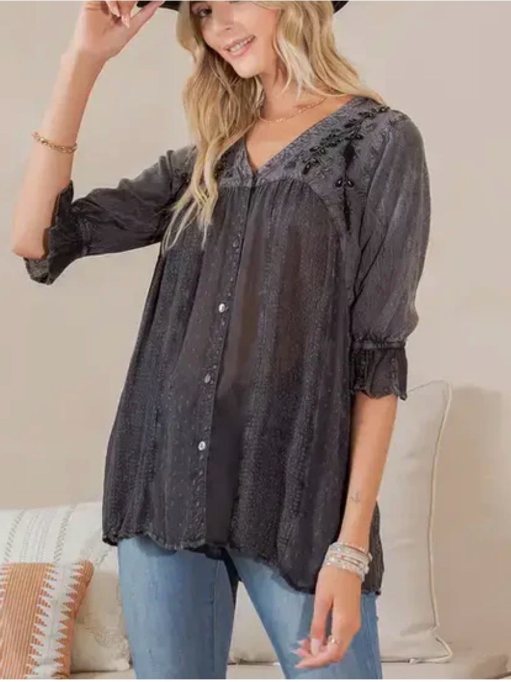 Young Threads Embroidered Flowy Blouse Charcoal Black Size M